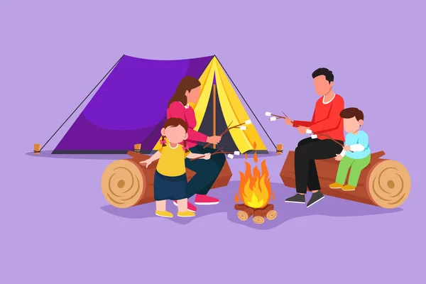 Graphic Flat Design Drawing Happy Family Sit Campfire Cheerful Tourists — Stock Vector