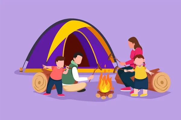 Character Flat Drawing Happy Family Sit Campfire Cheerful Tourists Campers — Stock Vector
