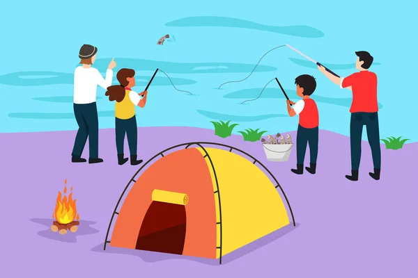 Diseño Plano Gráfico Dibujo Feliz Familia Camping Hombre Mujer Niños — Vector de stock
