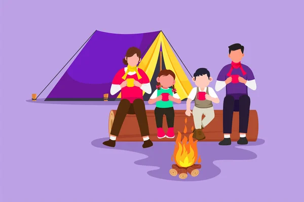 Character Flat Drawing Active Hiker Family Camping Campfire Drinking Hot — Stock Vector