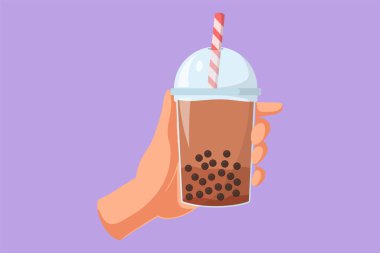 Balonlu çay fincanı tutan düz bir el çizimi. Boba çayı, Asya 'da popüler olan Tayvan sütlü çayı. Trend yiyecek ve içecek logosu, simge, sembol. Çizgi film tasarım vektör çizimi