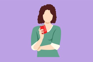 Grafiksel düz tasarım, elinde gazoz içeceği, evdeki oturma odasındaki kanepede oturan bir teneke kutuyu gösteren güzel bir kadın çiziyor. Enerji içeceği logosu taşıyan bir kız, ikon. Çizgi film biçimi vektör illüstrasyonu