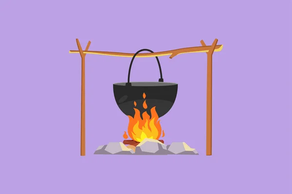 Cartone Animato Piatto Stile Disegno Pentola Sul Falò Cucinare Cibo — Vettoriale Stock