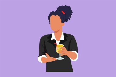 Yazın taze meyve aromalı taze suyu taze organik limon, limon, naneli bardakta gösteren mutlu bir kadın çizimi. Ofiste dinlenme zamanı. Çizgi film biçimi vektör illüstrasyonu