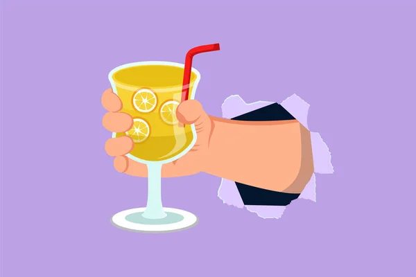 Cartoon Flache Zeichnung Hand Hält Glas Mit Limonade Fruchtsaft Durch — Stockvektor