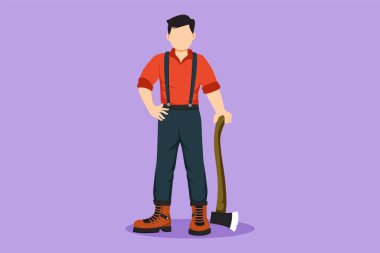 Baltası olan, pantolon, pantolon ve bot giyen aktif oduncu çiziyor. Ağaç kesme logosu üzerinde güçlü bir oduncu duruşu, sembol. Çizgi film tasarım vektör çizimi