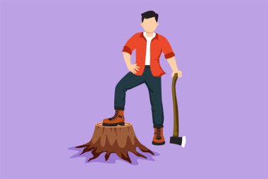 Kareli gömlek, kot pantolon, bot ve bere giyen oduncu. Aktif adam elinde baltayla ayakta duruyor ve bir ayağı ağaç kütüğü logosunda poz veriyor, ikon. Çizgi film tasarım vektör çizimi