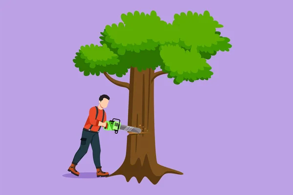 Orman Logosundaki Ağaç Kerestecinin Düz Çizimi Simge Ellerinde Testereyle Ahşap — Stok Vektör
