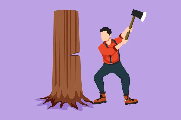 stock vector Graphic flat design drawing lumberjack with an ax chopping wood. Woodcutter chopping tree with axe. Wearing shirt, jeans and boots. Man with ax in his hands cut tree. Cartoon style vector illustration