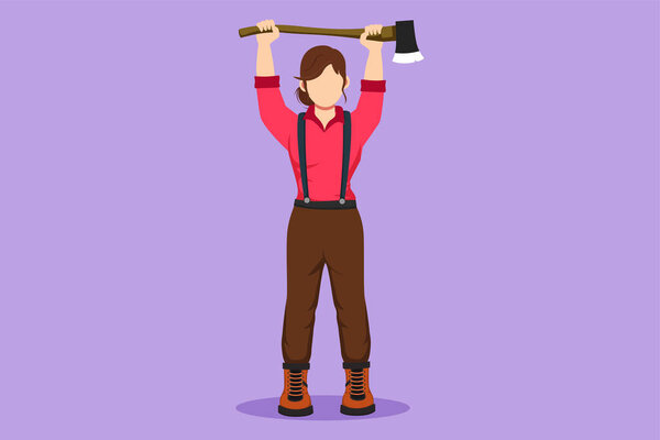 Character flat drawing cute woman lumberjack standing, lifting up axe with two hands. Wearing shirt, jeans, boot. Beautiful female woodcutter pose on logging forest. Cartoon design vector illustration