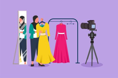 Çizgi film düz stil Arap kadın moda blogcusu. Elbise, online alışveriş, giyim mağazası ve seyir kitapları eleştirmeni. Stilist, moda uzmanı, moda danışmanı. Grafik tasarım vektör çizimi