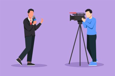 Grafik düz tasarım muhabir, muhabir ve operatör. Haber muhabiri sahneye çıkıyor. Gazeteciler canlı yayında. Video kameraman mikrofonla haber muhabirini çekiyor. Çizgi film biçimi vektör illüstrasyonu