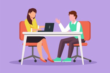 Masada genç bir adamla röportaj yapan düz çizimli güzel kadın gazeteci. Mikrofon, tartışma, konuşma, stüdyo, canlı yayın. Sosyal medya, iletişim konsepti. Çizgi film tasarım vektör çizimi