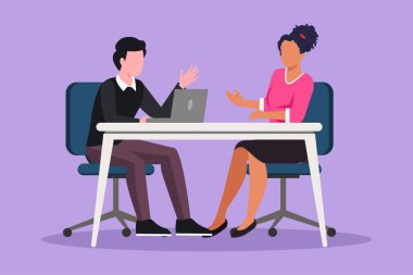 Stüdyoda karikatür düz stil çizim programı. Canlı yayın, TV şovu kamera ekibi. Gazeteci adam misafirle konuşuyor. Televizyon stüdyosundaki haber bültenleri, video blogları. Grafik tasarım vektör çizimi