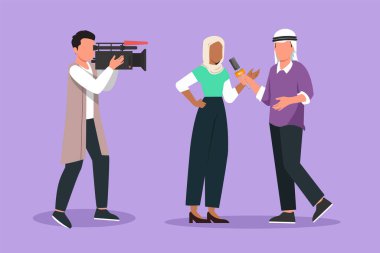 Grafik düz tasarım, Arapça gazeteci, operatör röportajı televizyon programı, haberler. TV sunucusu, muhabir, kameraman güzel kadını sorguluyor. Video kaydı. Çizgi film biçimi vektör illüstrasyonu