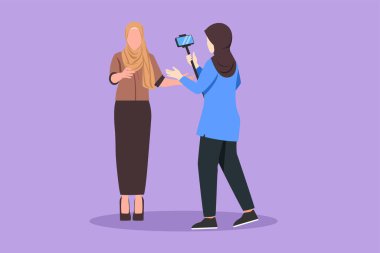 Karakter düz çizim, profesyonel atış takımı video kaydı video bloğu için akıllı telefon, monopod çubuklu. Haber spikeri olarak güzel Arap kadın gazeteci. Çizgi film tasarım vektör çizimi