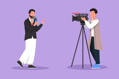 Grafik düz tasarım, Arap muhabir ve operatör çiziyor. Haber muhabiri sahneye çıkıyor. Hava ikonunda gazeteciler. Video kameraman mikrofonla haber muhabirini çekiyor. Çizgi film biçimi vektör illüstrasyonu