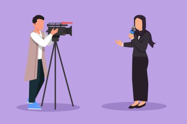 Güzel bir Arap kadın muhabirin düz çizimi. Gazeteciler rapor verecek. İki Arap gazeteci. Kadın muhabir erkek operatör ekibi yayında. Çizgi film tasarım vektör çizimi