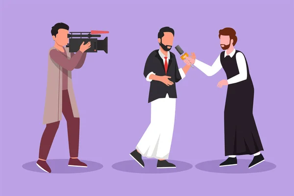 平面设计吸引了活跃的阿拉伯男性记者接受采访 电视主持人或记者 摄影师询问阿拉伯人 与摄影师的广播报道 卡通风格矢量插图 — 图库矢量图片