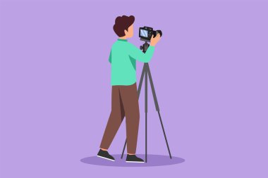 Üç ayaklı kameralı erkek fotoğrafçının düz bir arka görüntüsü. Stüdyo fotoğrafı. Profesyonel fotoğrafçı fotoğraf çekiyor, resim çekiyor. Fotoğraf ikonu, logo. Çizgi film tasarım vektör çizimi