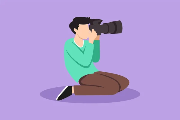 キャラクターフラットドローイング男性カメラマンが座って Dslrカメラで写真を撮る 写真を撮るプロのカメラマン クリエイティブな職業 漫画デザインベクターイラスト — ストックベクタ