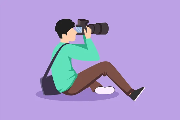 グラフィックフラットデザイン図面 パパラッチの男性写真家がアングルで現代のデジタルカメラで撮影します ジャーナリストかレポーターが写真のアイコンを作ります 漫画スタイルベクターイラスト — ストックベクタ