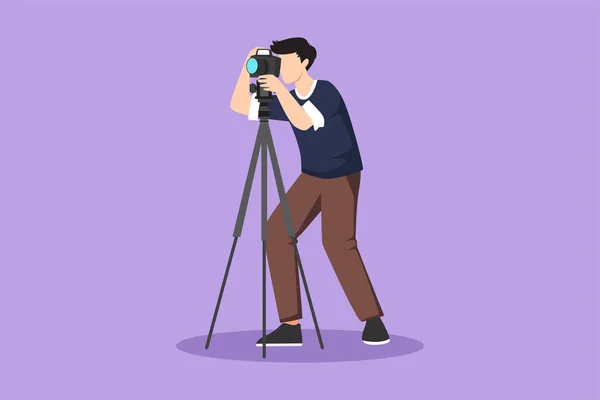 カメラポーズ付きのキャラクターフラットデッサン 男性は写真撮影 パパラッチ ジャーナリスト職業 デジタル写真趣味のアイコンを撮ります 漫画デザインベクターイラスト — ストックベクタ