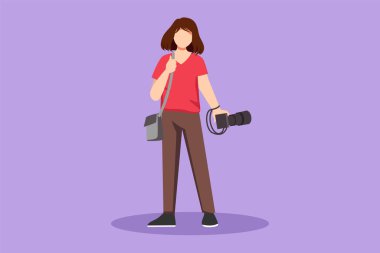 Fotoğraf stüdyosunda elinde kamera olan güzel bir hippi kadın fotoğrafçı. Stüdyoda profesyonel kamera kullanan güzel bir bayan fotoğrafçı. Çizgi film tasarım vektör çizimi
