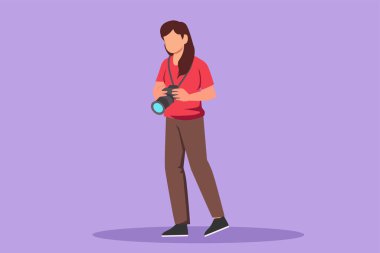 Karakter düz çizim, profesyonel güzel kız fotoğrafçı, elinde kamera olan insanlar. Çalışanlar tarafından çekilen resim, kameramanlar tarafından çekilen fotoğraf. Uzman olarak çalışan bir güzellik uzmanı. Çizgi film tasarım vektör çizimi