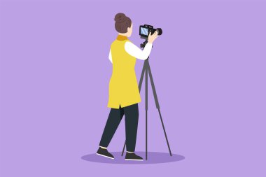 Grafik düz tasarım, kameralı kadın fotoğrafçının arka görüntüsünü çiziyor. Stüdyo fotoğrafı. Fotoğraf çeken profesyonel kadın fotoğrafçı, görüntüler. Fotoğraf konsepti. Çizgi film biçimi vektör illüstrasyonu