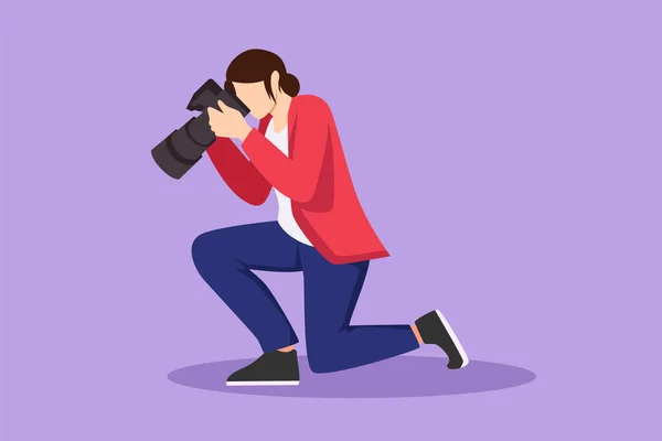 キャラクターフラット描画女性写真家ひざまずいて写真を撮ります ジャーナリストのための写真機器 高リゾリューションのカメラデジタル スタジオ写真ロゴ 漫画デザインベクターイラスト — ストックベクタ