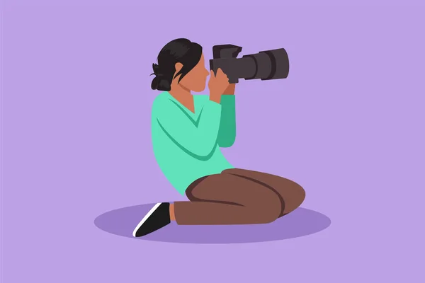 Dslrカメラを持ち 写真を撮る美しい女性写真家を描いたグラフィックフラットデザイン 写真を撮るプロのカメラマン クリエイティブな職業 漫画スタイルベクターイラスト — ストックベクタ