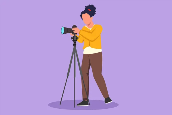 漫画フラットスタイルの描画女性写真家は 三脚とプロの機器セットを使用して写真を撮ります カメラを持った女性が写真を撮ります スタジオの写真機材 グラフィックデザインベクターイラスト — ストックベクタ