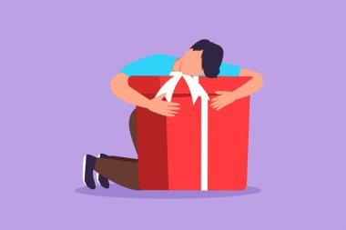 Karakter, mutlu iş adamının hediye kutusunu sevgiyle çizmesi. Erkek, kollarındaki hediye kutusuna sıkıca sarılmış. Hediye, hediye, doğum günü, parti konsepti. Çizgi film tasarım vektör çizimi