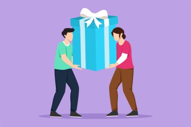 Çizgi filmlerdeki gibi mutlu bir çift çiziyorlar erkek ve kadın kocaman bir hediye kutusu taşıyorlar. En iyi çalışan için büyük ikramiye ya da özel teklif. Ofisten doğum günün kutlu olsun. Grafik tasarım vektör çizimi