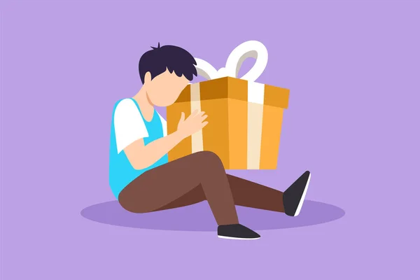 Cartoon Flat Style Drawing Cheerful Boy Sitting Hugging Big Gift — Stock Vector