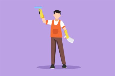 Aktif gülümseyen temizlik personeli pencereyi fırça ve spreyle siliyor. Farklı binaların camlarını tozdan temizleyen adam kavramı. Çizgi film tasarım vektör çizimi