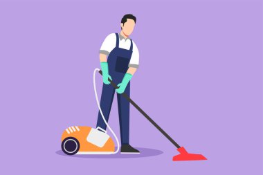 Mavi zemin üzerinde çeşitli tipte elektrikli süpürgeleri olan aktif bir adamın grafiksel düz tasarım çizimi. Çamaşır ve temizlik servisi. Dezenfeksiyon ve temizlik. Çizgi film biçimi vektör illüstrasyonu