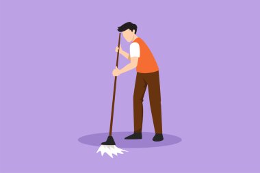 Grafiksel düz tasarım aktif genç bir adamın yerleri paspaslayıp içeriyi temizlemesini sağlıyor. Profesyonel ev temizliği, ev işi ya da temizlik işçileri, kapıcı konsepti. Çizgi film biçimi vektör illüstrasyonu