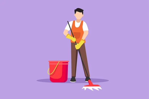 Charakterystyczny Płaski Rysunek Personel Firmy Sprzątającej Pracy Sprzętem Atrakcyjny Młodzieniec — Wektor stockowy