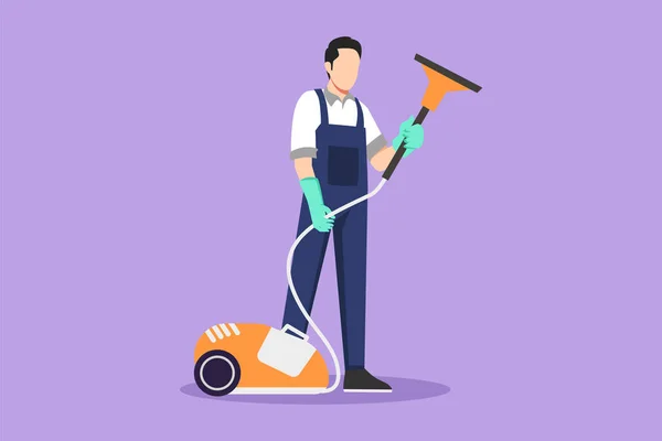 Graficzny Płaski Rysunek Młody Człowiek Pracuje Domu Sprząta Kombinezonie Aktywny — Wektor stockowy