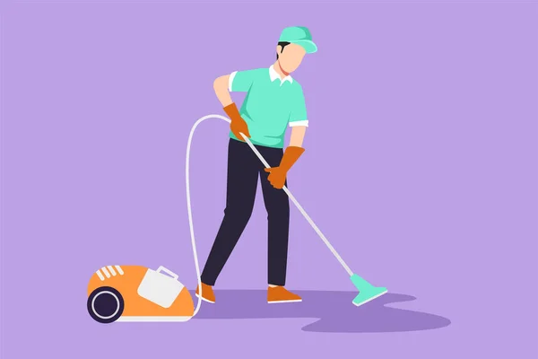 Gaya Gambar Kartun Datar Menarik Pria Profesional Petugas Kebersihan Sibuk - Stok Vektor