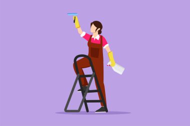 Çizgi film düz stil güzel kadın çizimi merdiven üzerinde duruyor, silecekle yıkıyor. Temizlik, temizlik malzemeleri, sünger, ev temizliği, ev işi. Grafik tasarım vektör çizimi