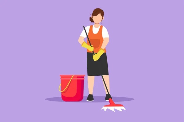 Charakterystyczny Płaski Rysunek Personel Firmy Sprzątającej Pracy Sprzętem Piękna Kobieta — Wektor stockowy
