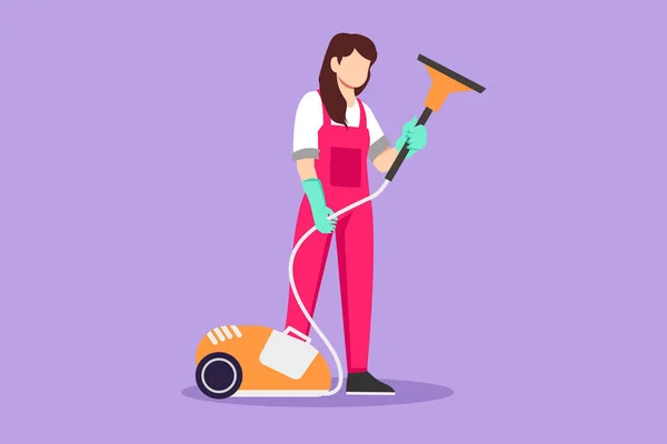 キャラクターフラット描画若い美しい女性は家で働き 仕事の制服を掃除します ホーム 掃除機 家庭用家電製品について 消毒とクリーニング 漫画デザインベクターイラスト — ストックベクタ