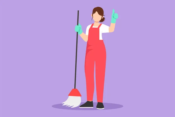 Charakter Flache Zeichnung Lächelnd Schöne Reinigungskraft Mitarbeiterin Hält Besen Und — Stockvektor