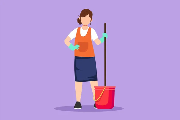 Graficzny Płaski Projekt Rysunek Pięknej Kobiety Wiadrami Mopami Sprzątanie Kobieta — Wektor stockowy