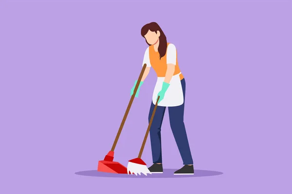 Cartoon Flat Style Drawing Housekeeping Girl Worker Broom Dustpan Beautiful — Stock Vector