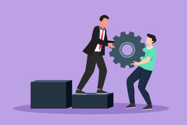 Çizgi film düz stil işadamı partnerinin dişlileri ya da dişlileri merdivenlerin üstüne çıkarmasına yardım ediyor. Takım çalışması, hedef başarısı, çözüm, başarı, kazanan konsept. Grafik tasarım vektör çizimi