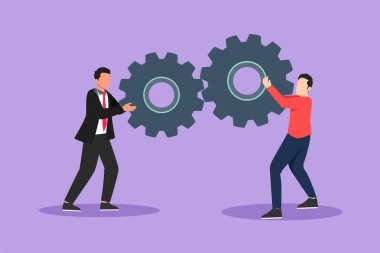 Çizgi film düz stil çizim takım çalışması şanzıman mekanizmasında. İki işadamı iş birliği yaparak başarılı oldular. Kocaman bir çark makinesi. Grafik tasarım vektör çizimi